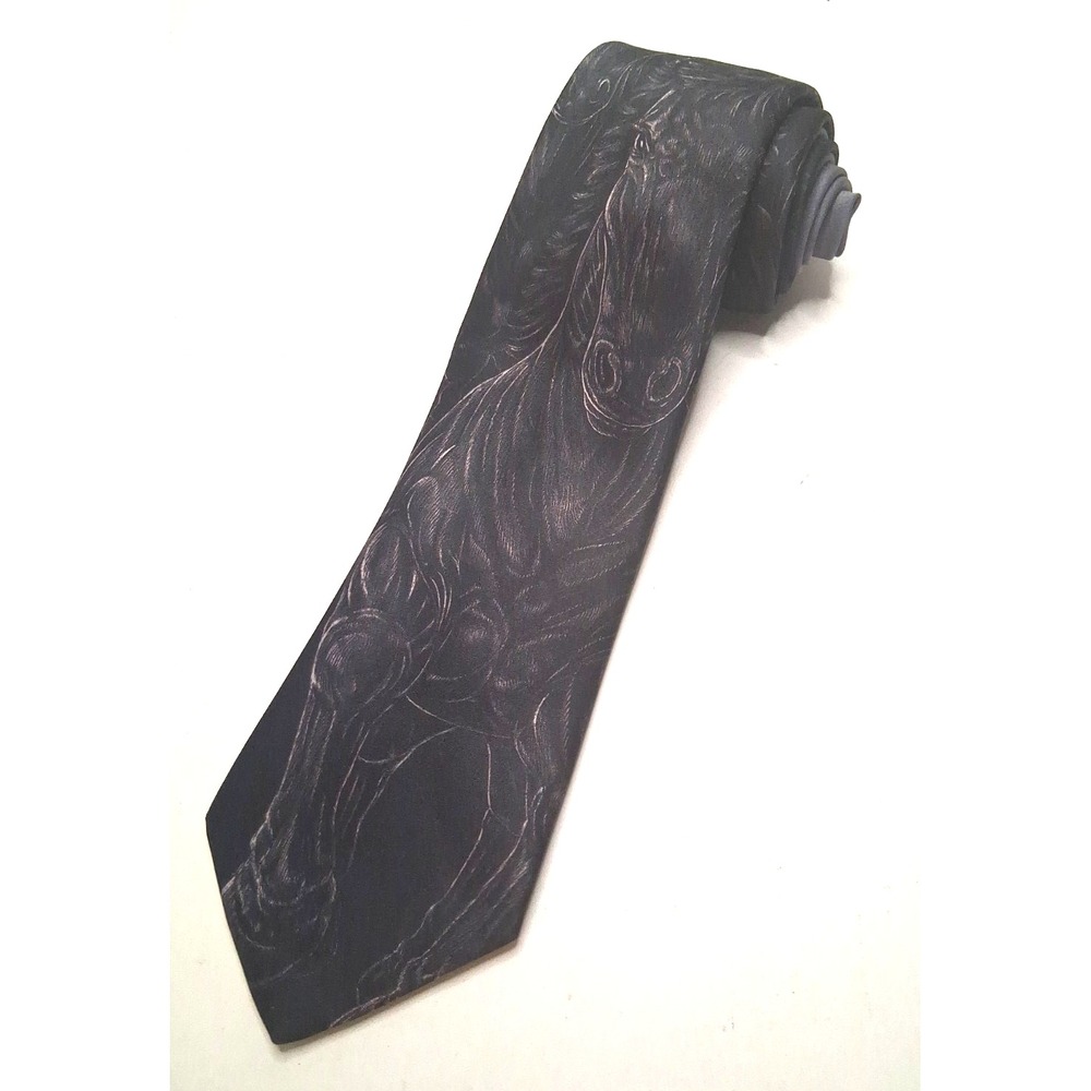 Ralph Marlin Necktie Black Wild Horses VTG Polyester 1988 Equestrian Derby Horse